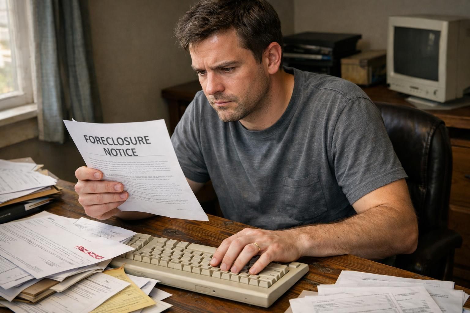 A concerned man reviews foreclosure notices in his cluttered home office. A concerned man reviews foreclosure notices in his cluttered home office.
