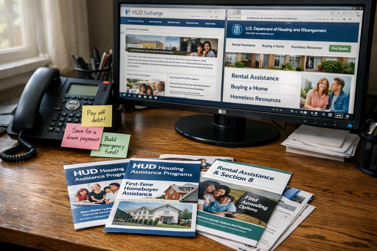 A cluttered desk with HUD pamphlets and financial notes. A cluttered desk with HUD pamphlets and financial notes.