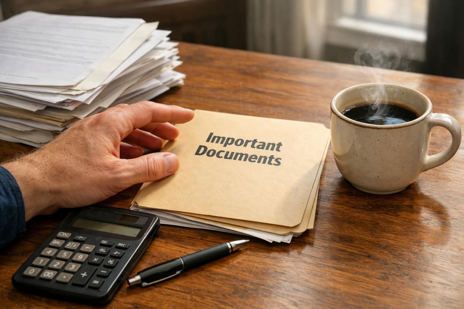 A cluttered desk with paperwork, coffee, and a calculator reflects productivity. A cluttered desk with paperwork, coffee, and a calculator reflects productivity.