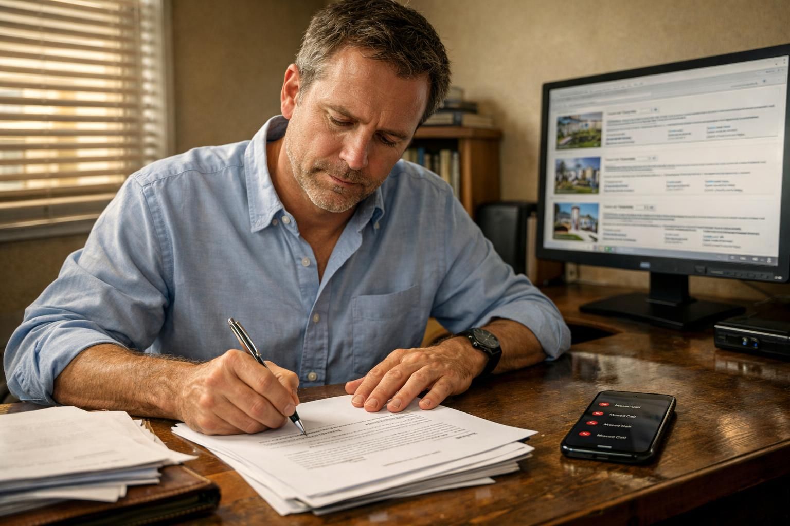 A focused man signs legal documents in a cluttered home office.