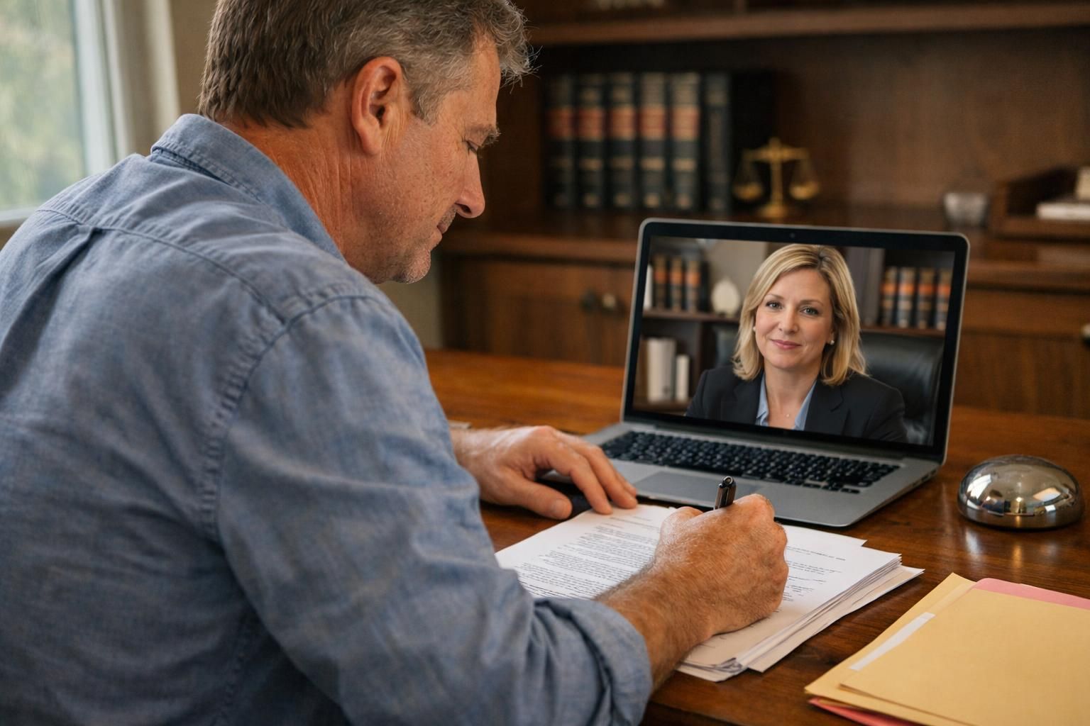 A man concentrates on legal documents while conversing with a virtual attorney.