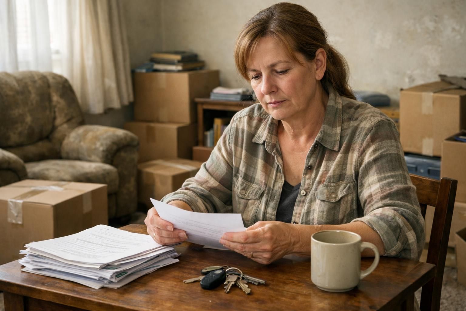 A focused middle-aged woman organizes paperwork in a cluttered living room.