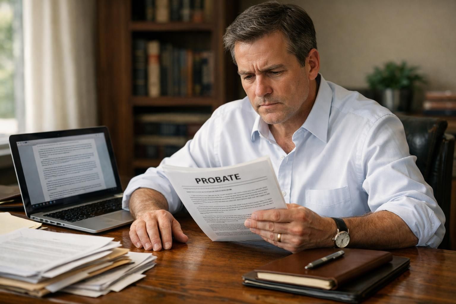 A focused lawyer reviews probate filings at a cluttered oak desk.