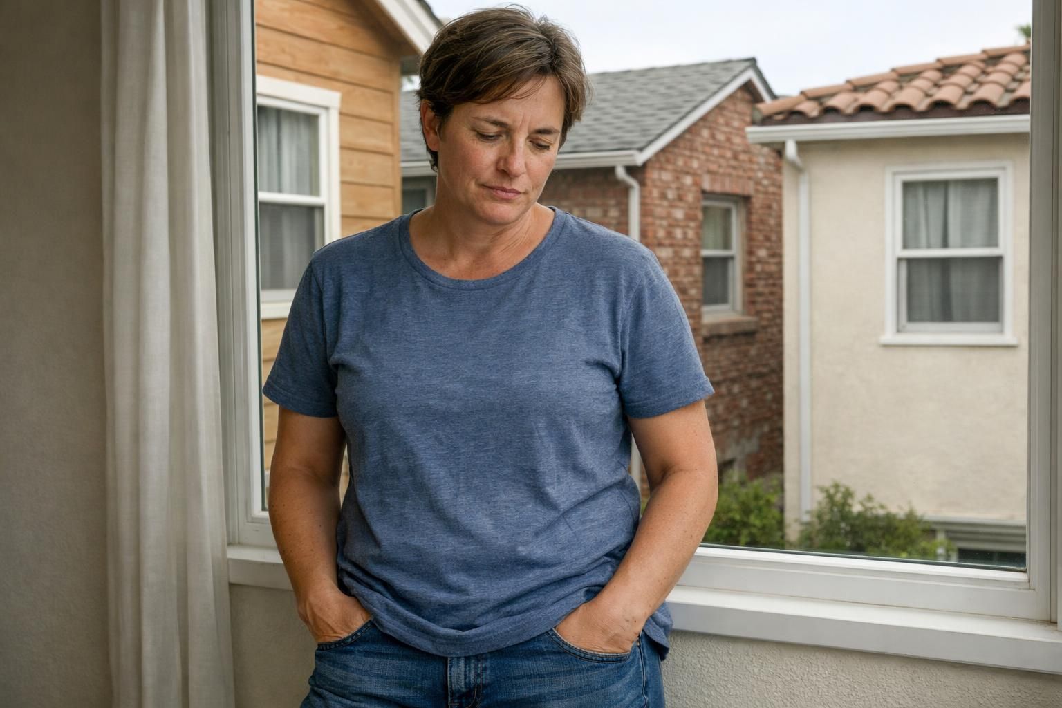 A middle-aged individual contemplates while standing indoors near a window.