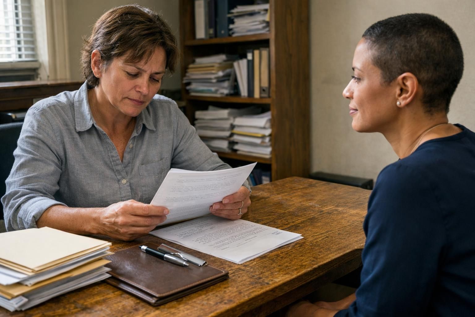 Two individuals review property documents at a cluttered office desk.