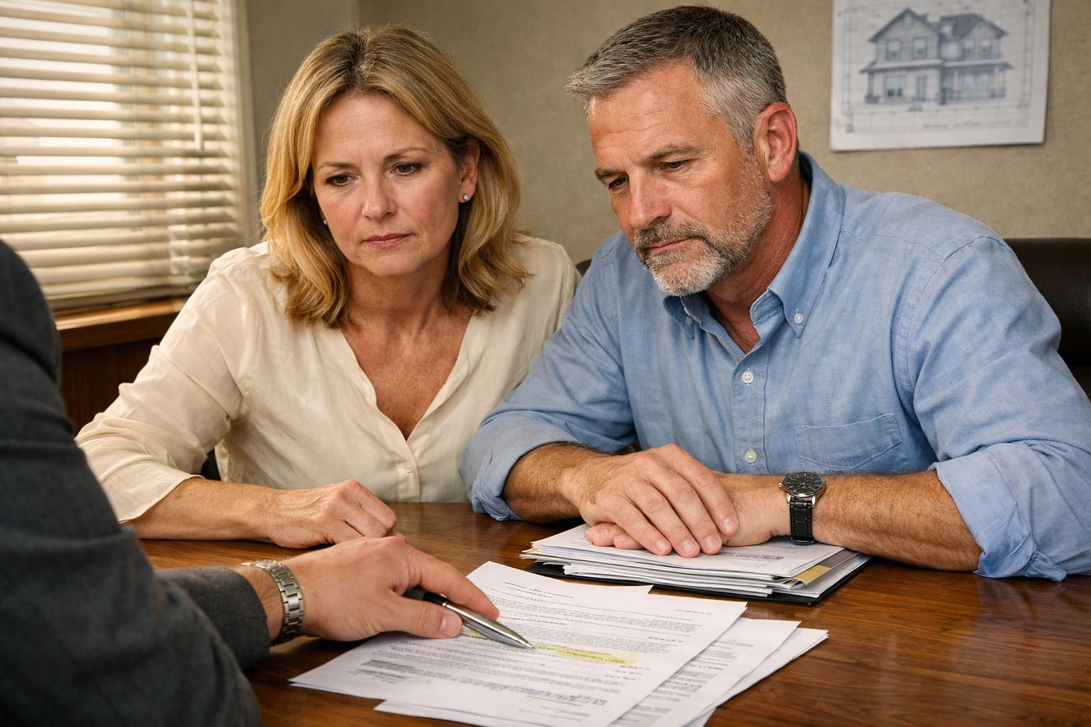 A couple discusses complex financial documents with a mortgage lender.