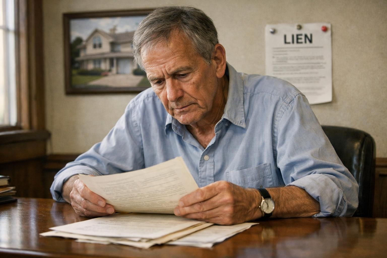 An older man examines important documents in a modest real estate office.