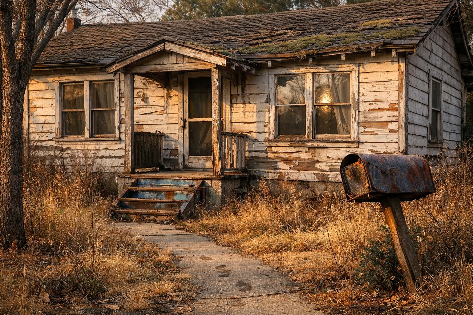 A neglected wooden house surrounded by overgrown weeds and decay.