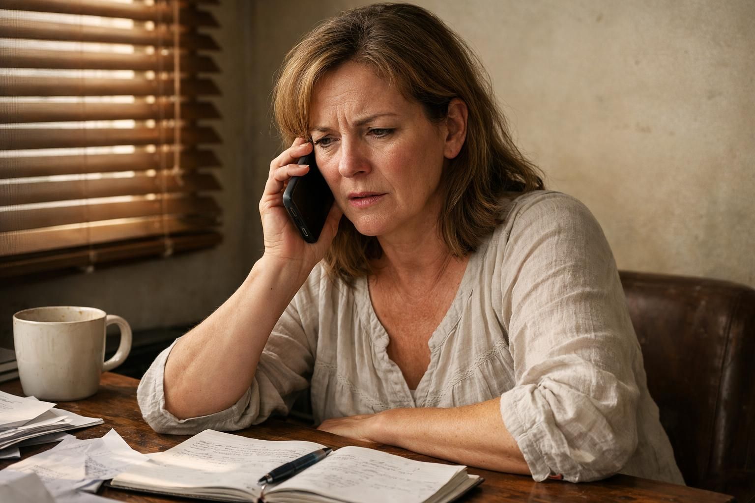 A concerned woman talks on the phone at a cluttered desk.