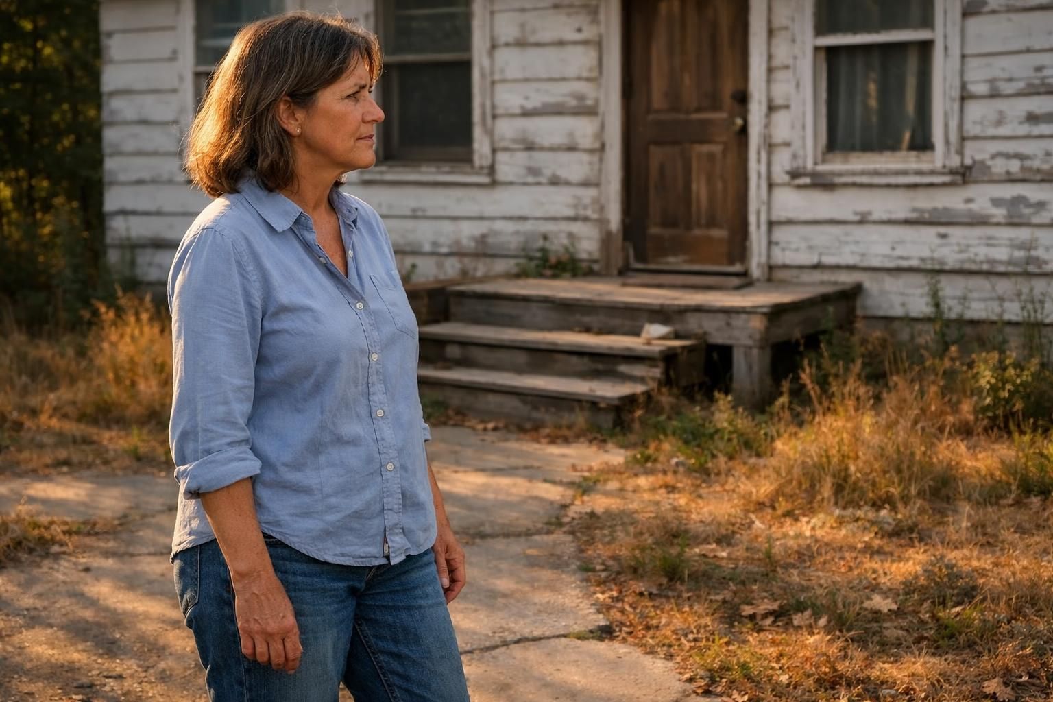 A middle-aged woman stands thoughtfully in front of a weathered house.