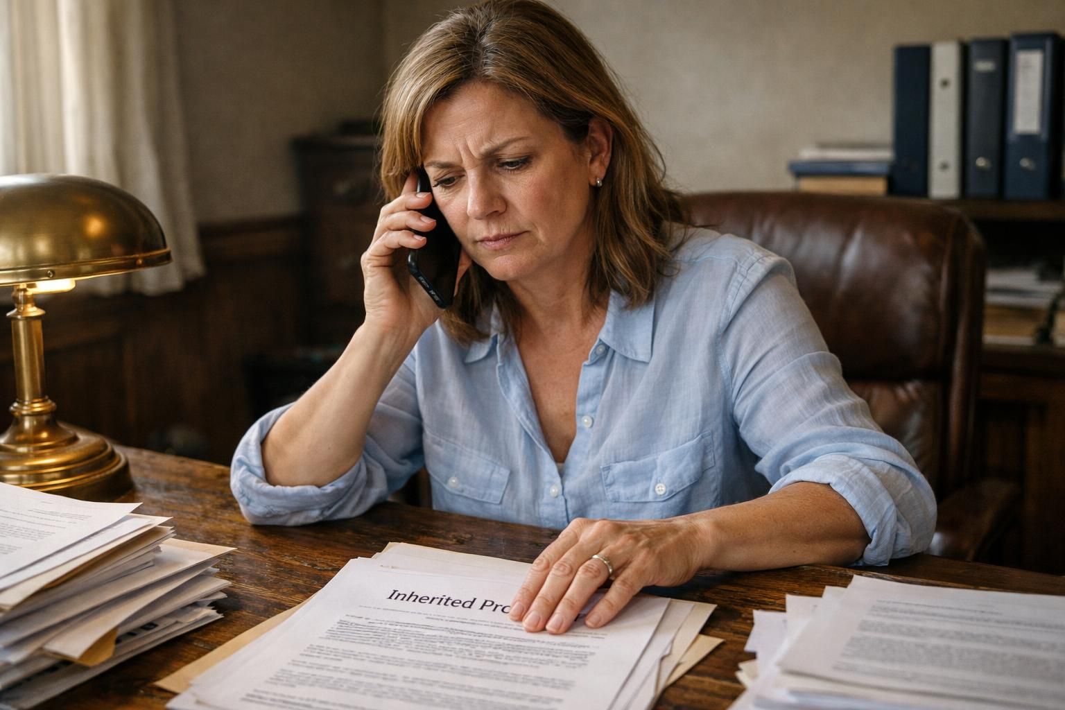 A woman struggles with legal documents while on a phone call.