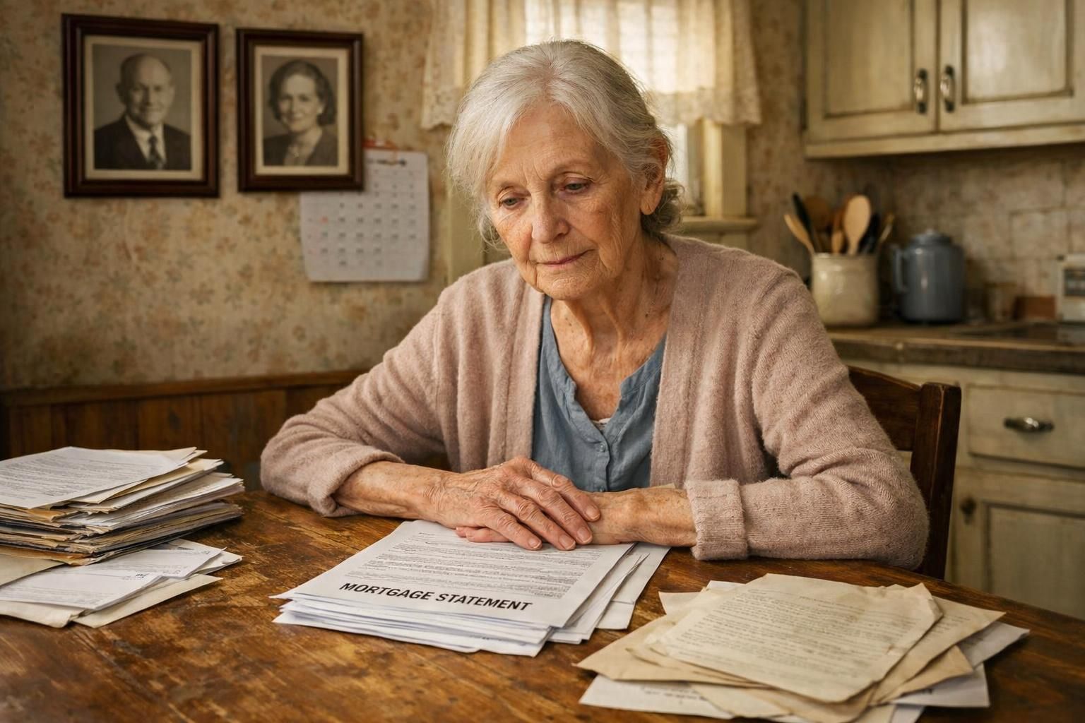 An elderly woman reflects on financial documents at a worn kitchen table.