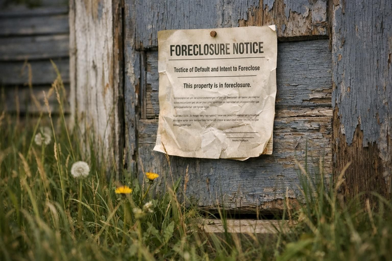 A faded foreclosure notice hangs on a weathered wooden door. A faded foreclosure notice hangs on a weathered wooden door.