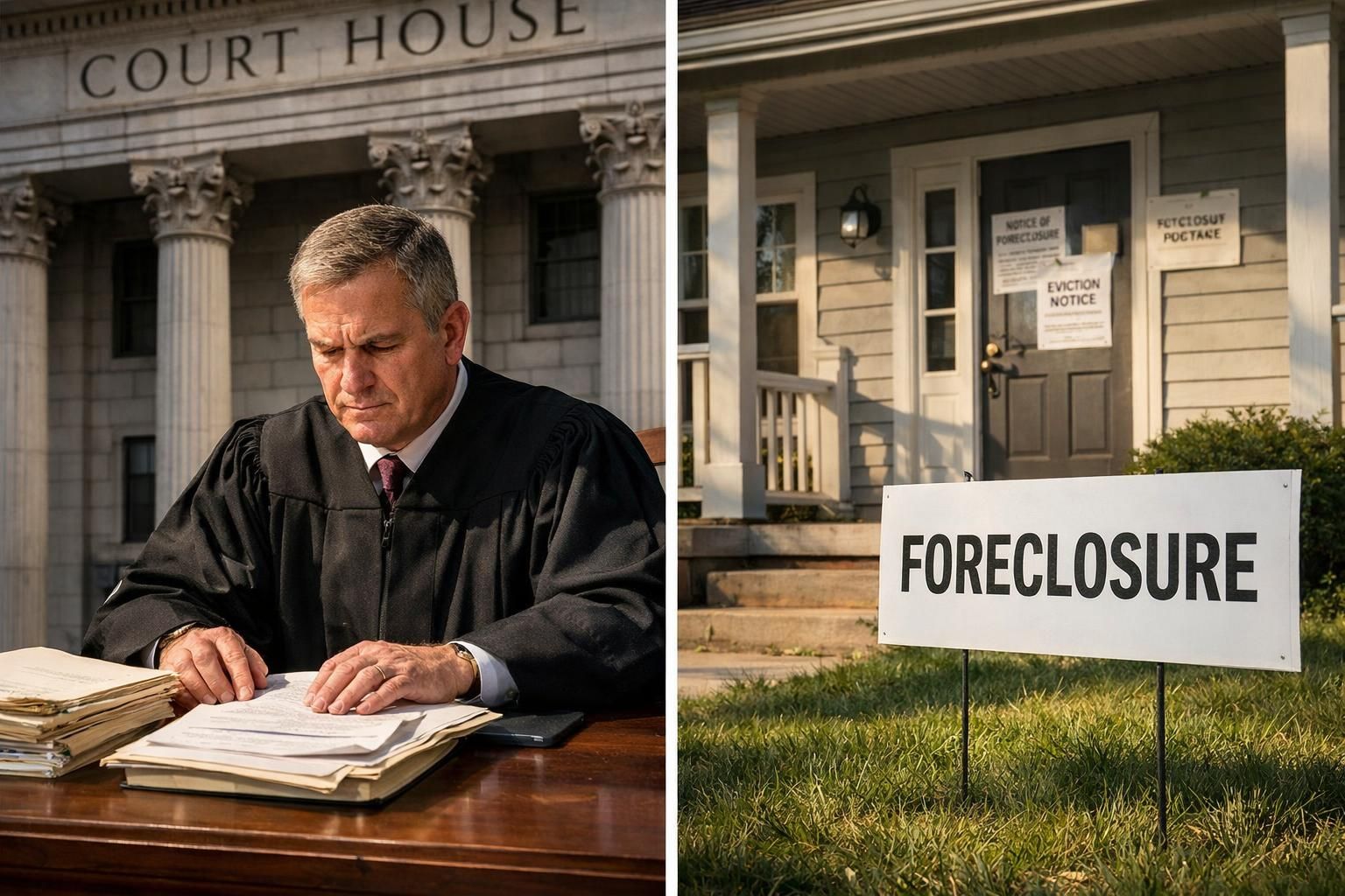 A judge reviews legal documents beside a foreclosed suburban house. A judge reviews legal documents beside a foreclosed suburban house.