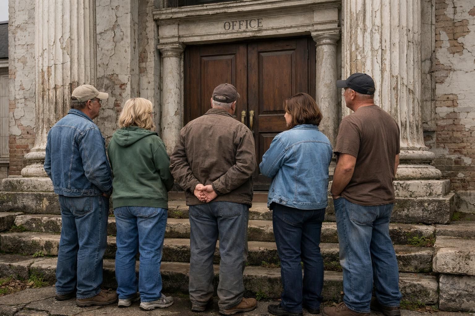 A weathered courthouse hosts a tense gathering of concerned homeowners. A weathered courthouse hosts a tense gathering of concerned homeowners.