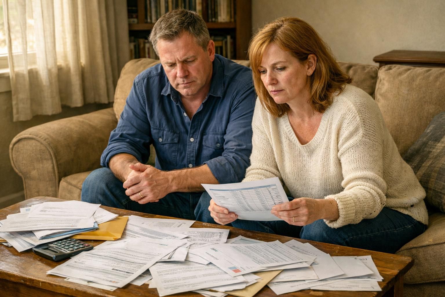 A couple reviews scattered financial documents in a cluttered living room. A couple reviews scattered financial documents in a cluttered living room.
