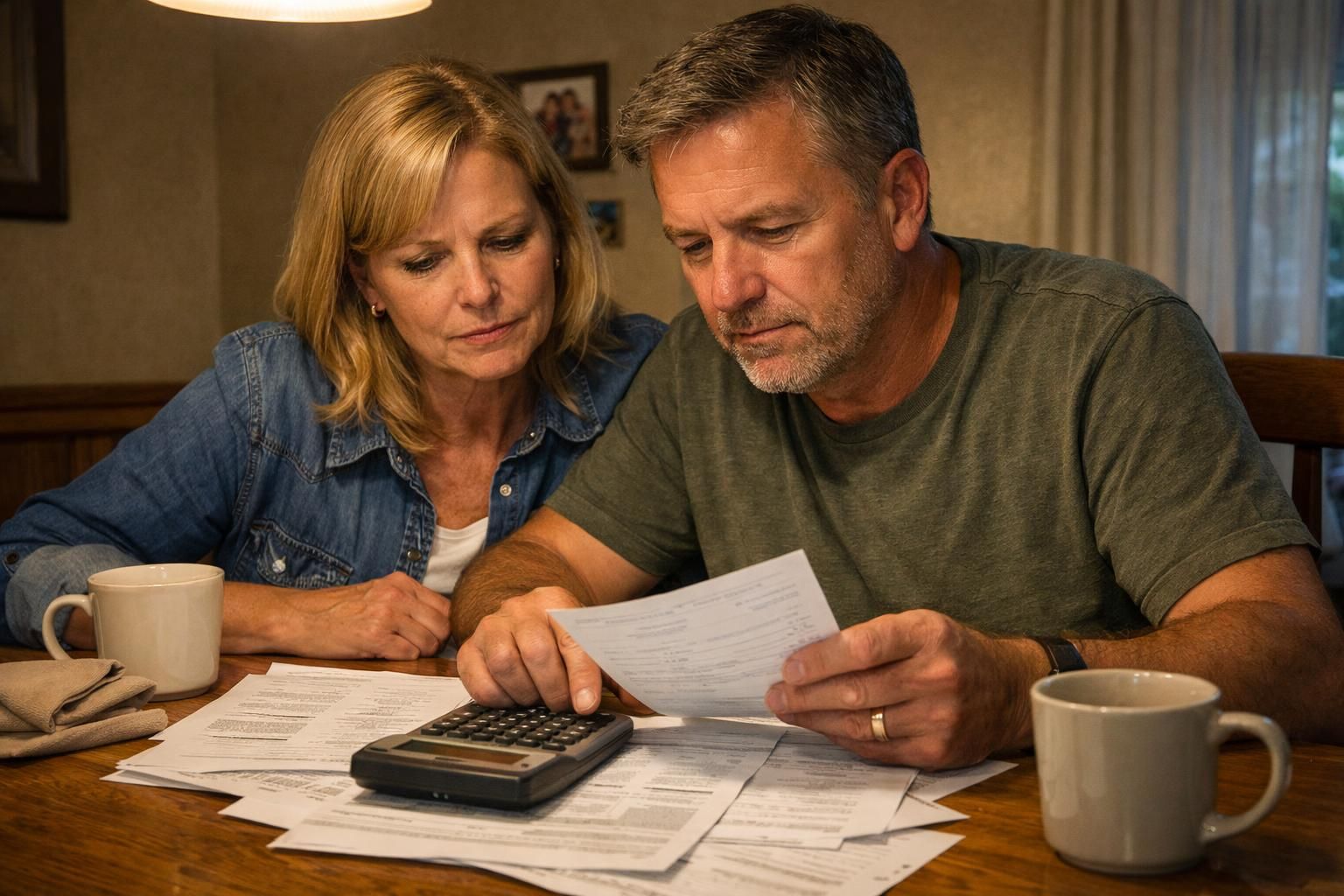 A couple reviews financial documents at a dining table.