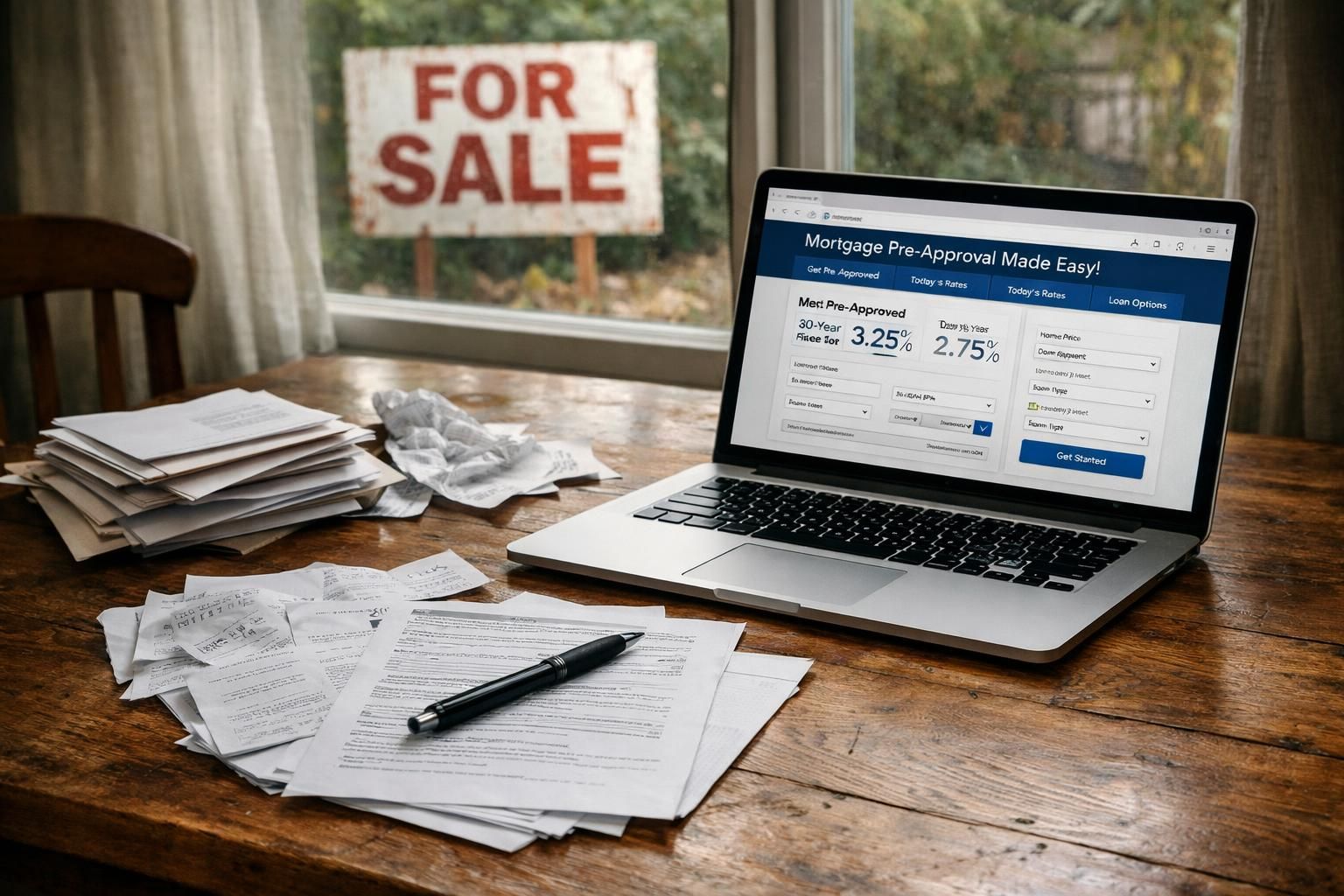 A cluttered dining room table filled with papers and a laptop.