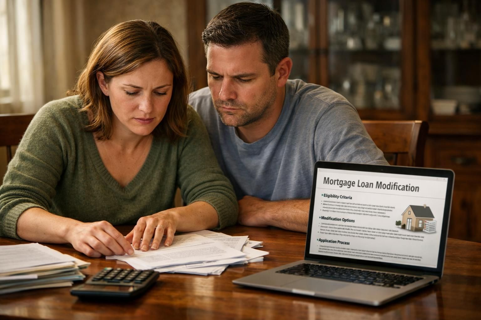 A couple reviews mortgage documents at a dining table, looking concerned.