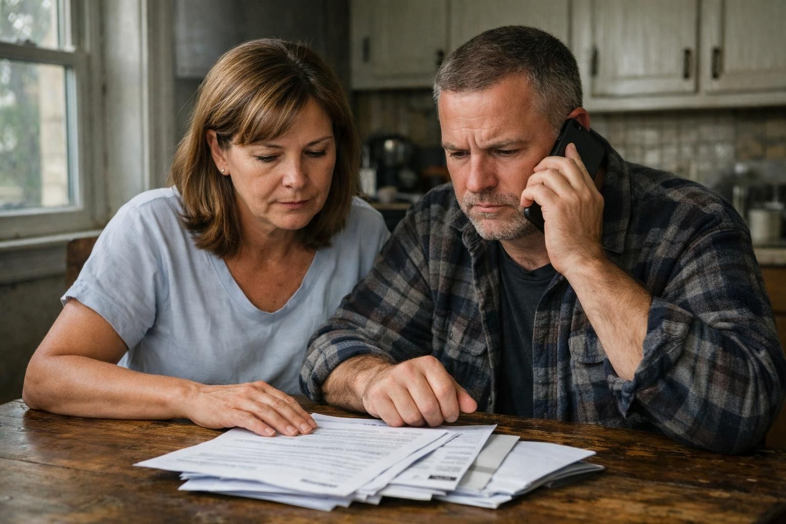 A couple discusses loan modifications at a worn kitchen table.