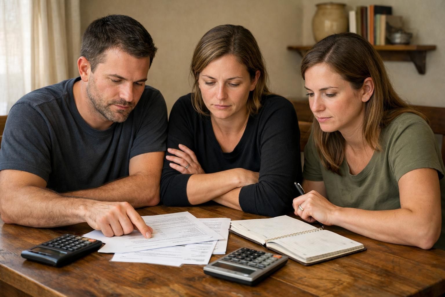 Three siblings engaged in serious discussion around a wooden dining table.