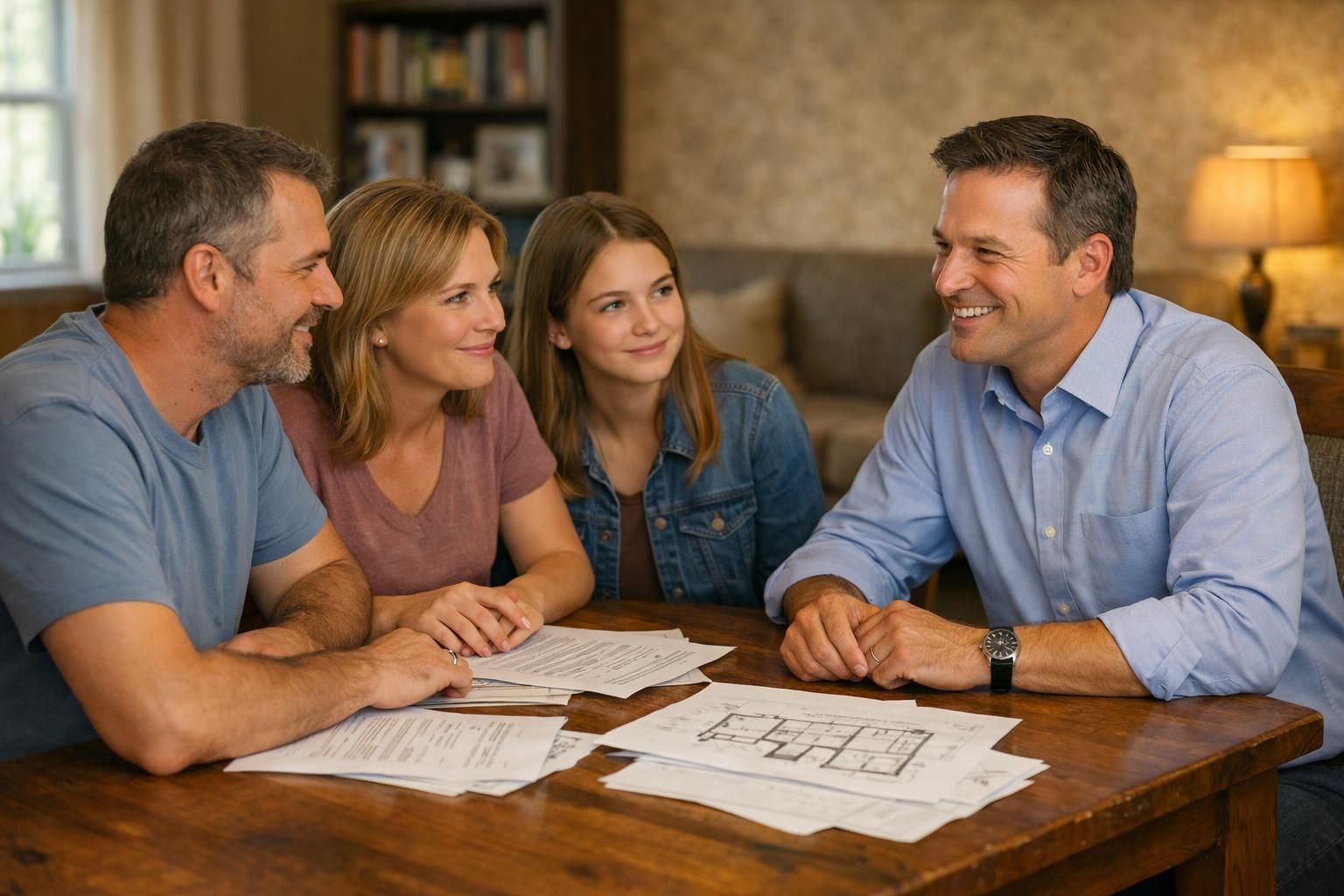 A family consults with a real estate agent at their dining table.