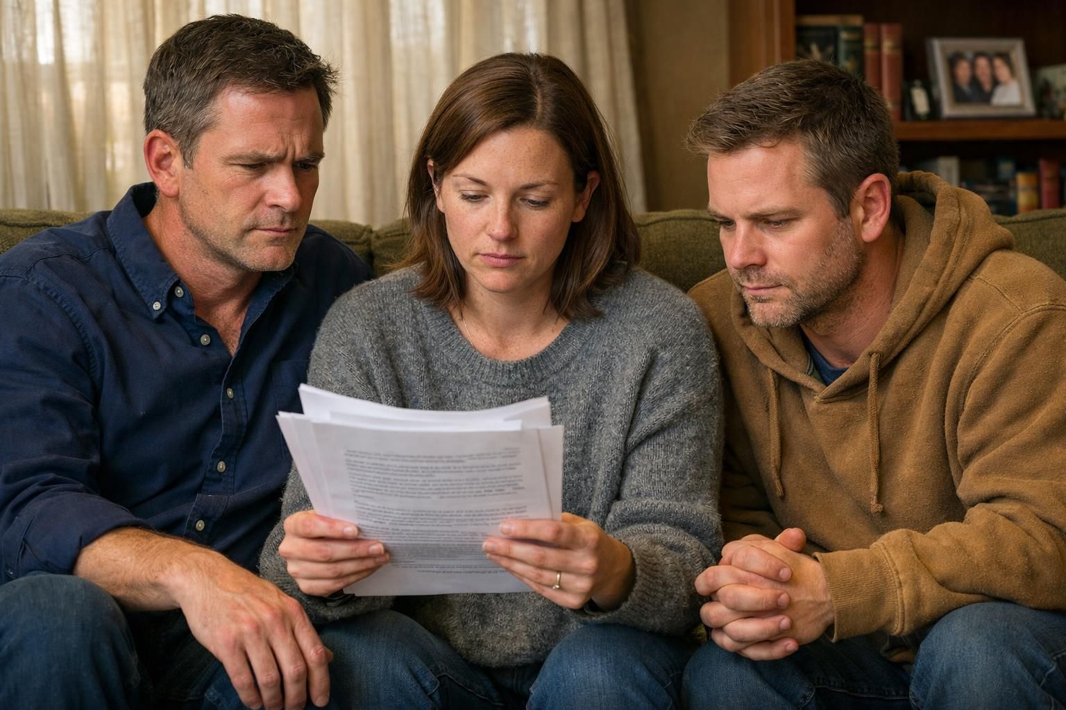 Three siblings engaged in a serious discussion about property ownership.