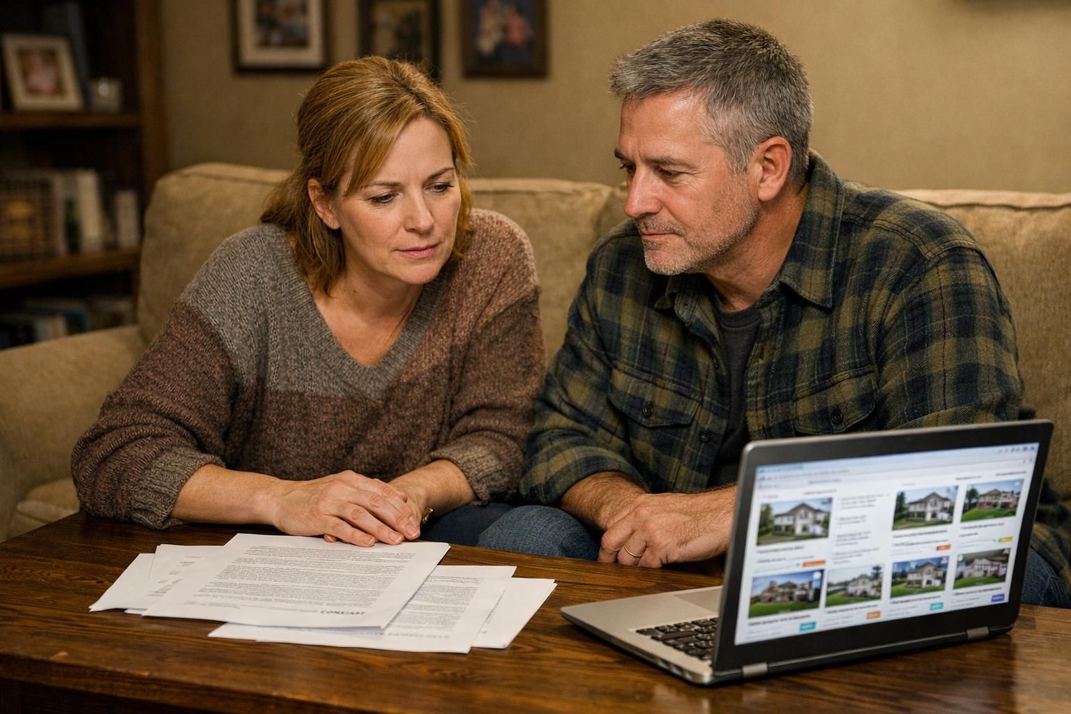 A man and woman discuss property listings in a cozy living room.