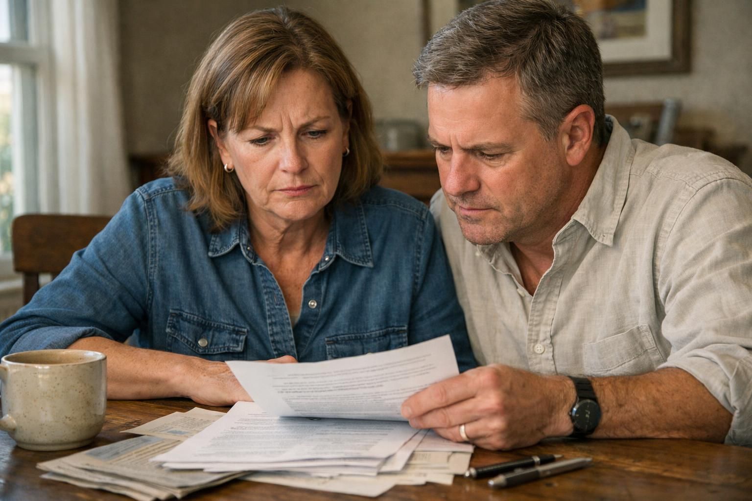 A concerned woman and her brother discuss legal documents together.