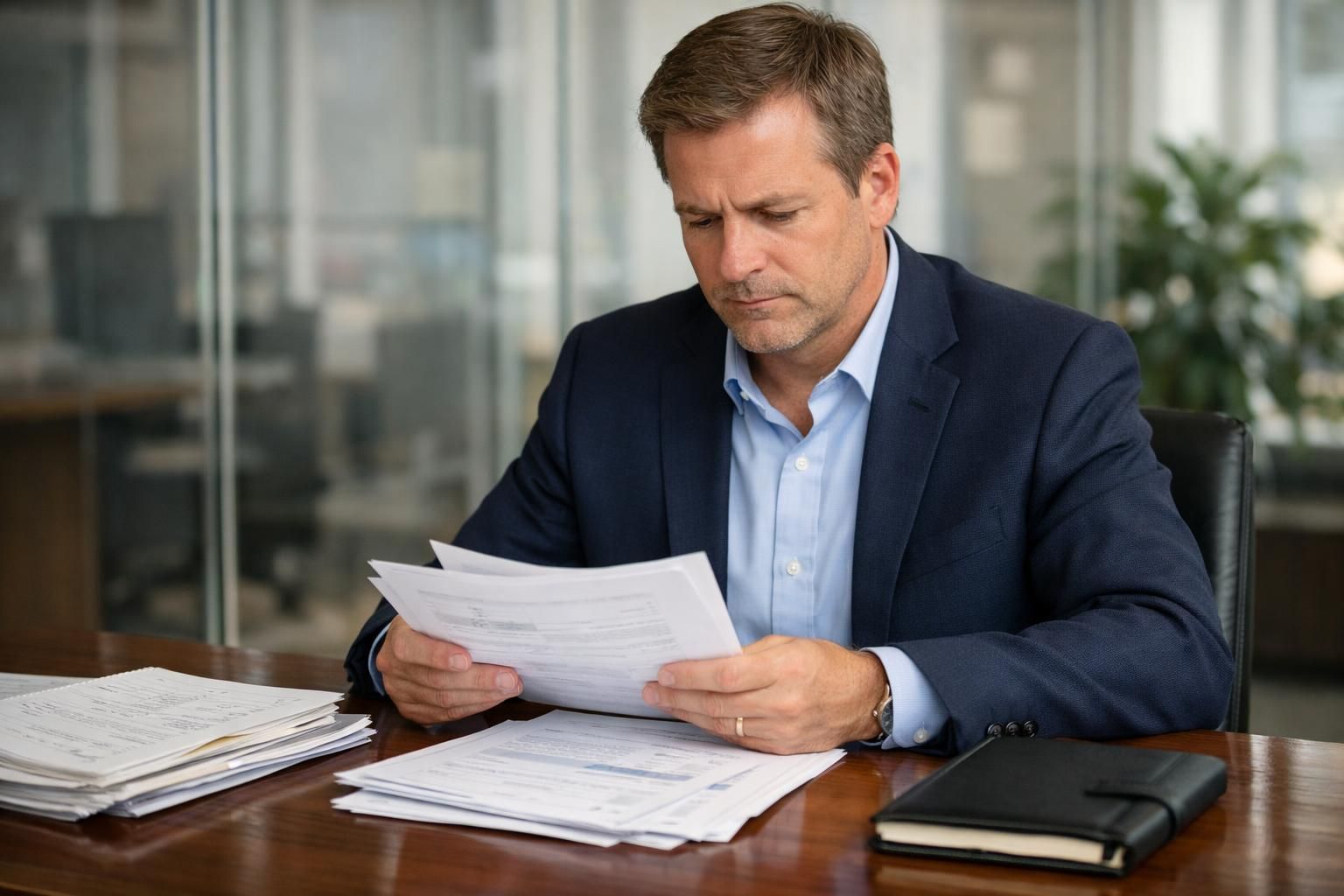 A real estate broker reviews documents at a polished modern desk.