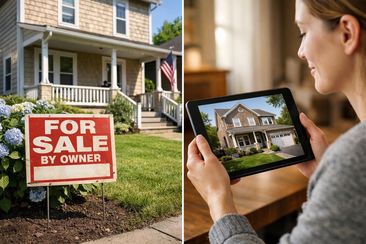 A traditional house for sale next to a modern interior with virtual tour.