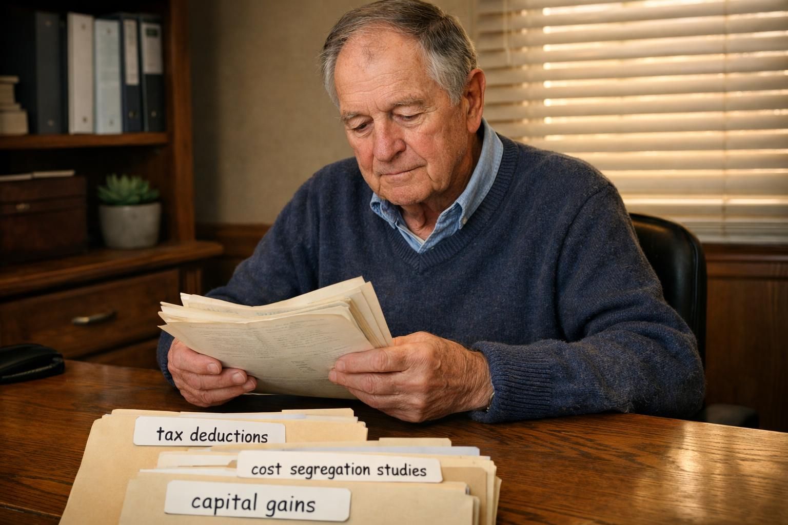 Elderly man reviews financial documents in a humble home office.
