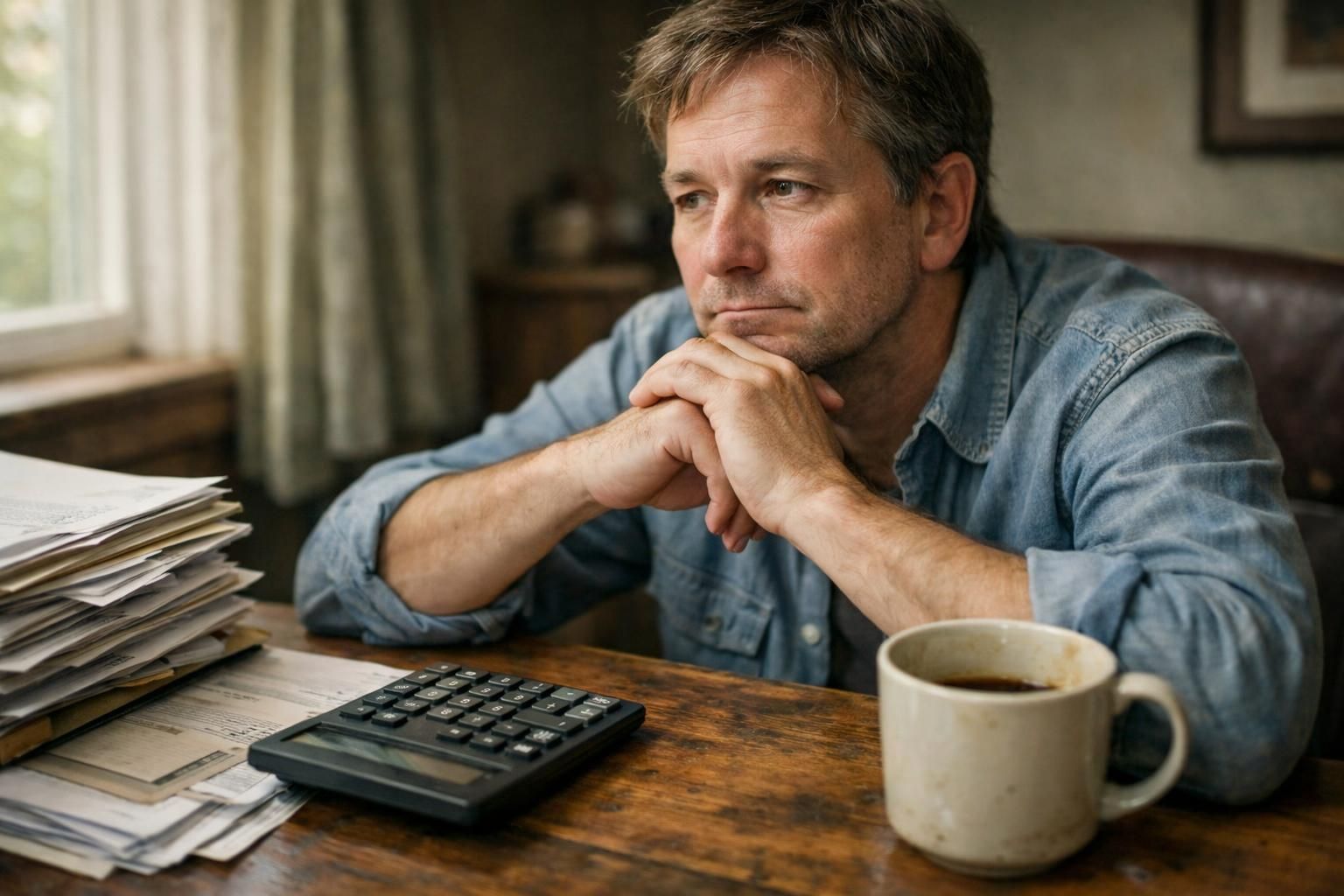 A weary landlord reflects amidst cluttered financial documents and coffee stains.