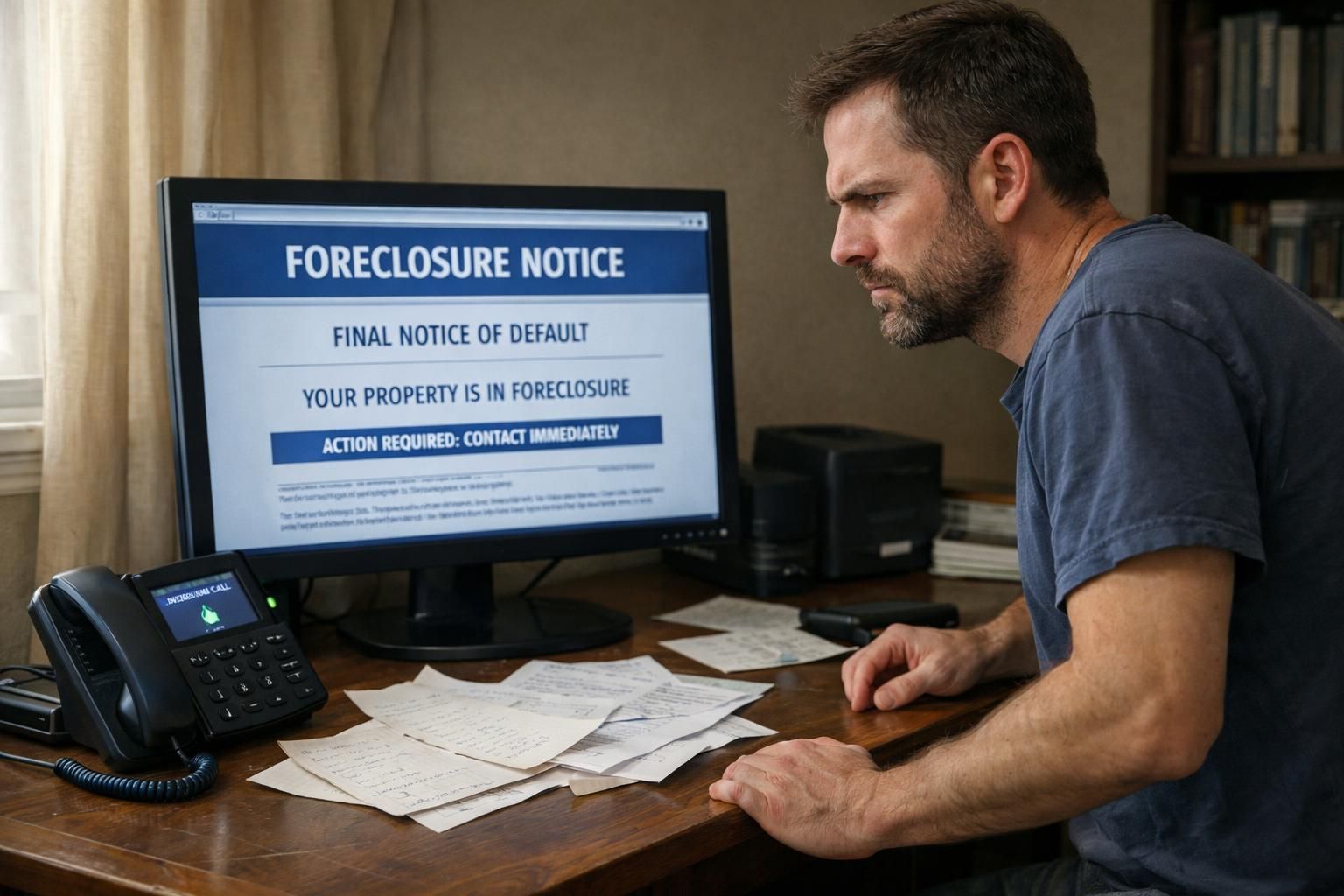 A man anxiously reviews a foreclosure notice in his home office.