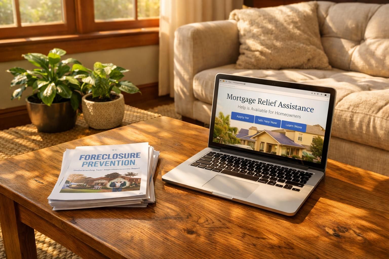 A cozy living room featuring a laptop and foreclosure prevention materials.