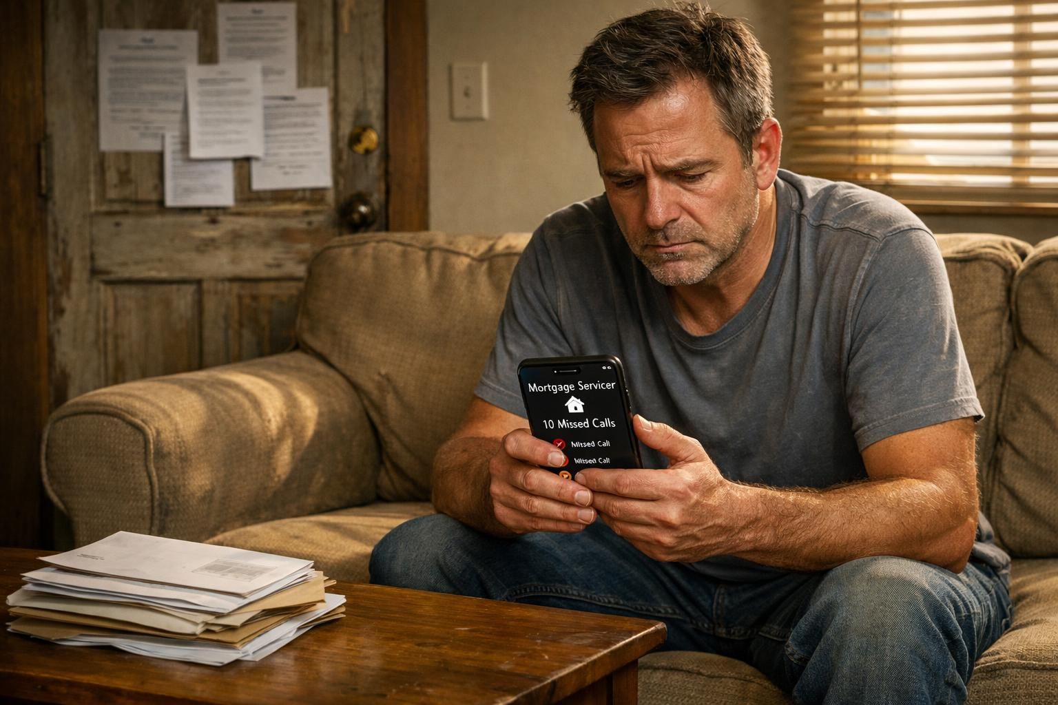 A worried man sits in a cluttered living room, holding a smartphone.