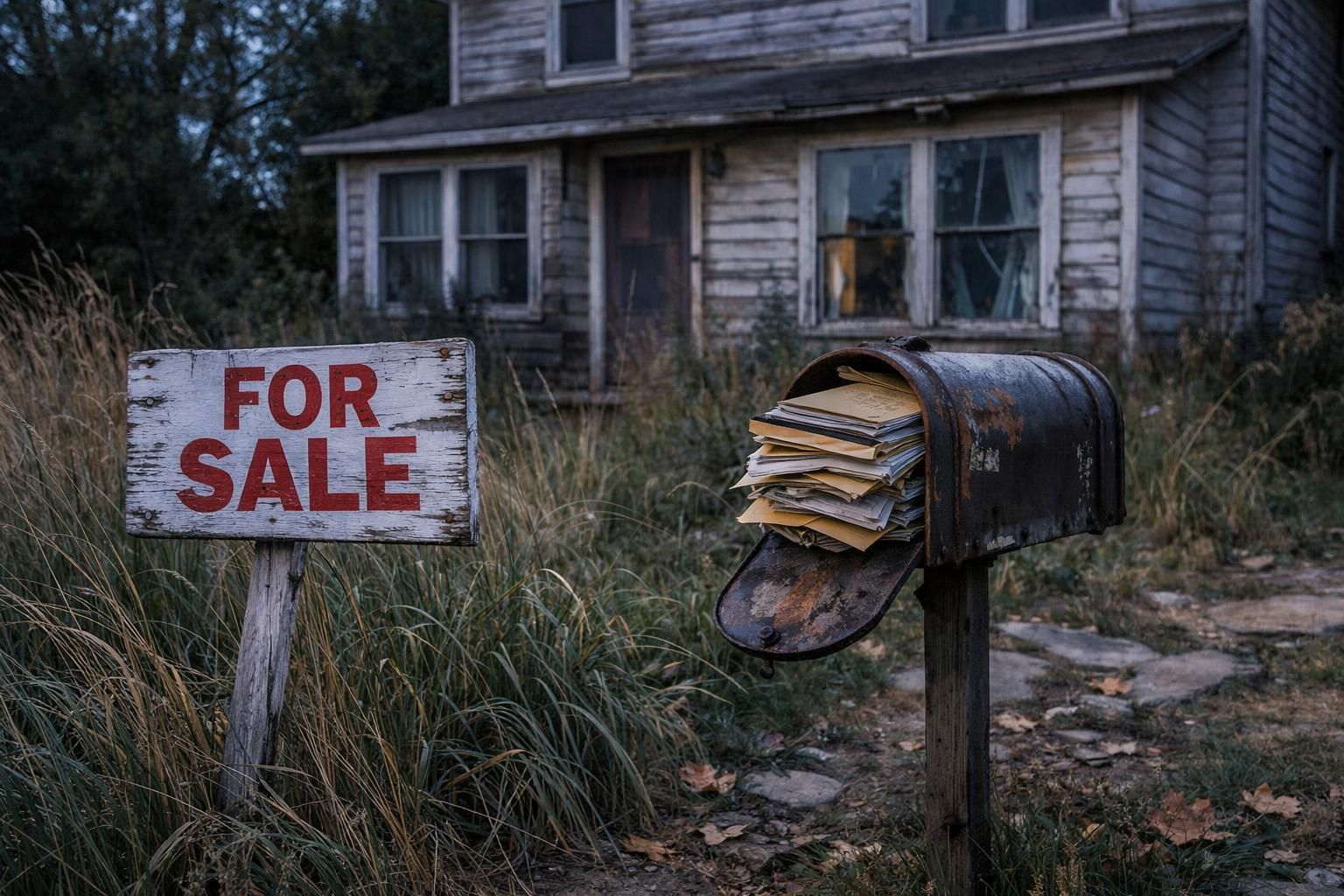 A neglected suburban yard with overgrown grass and a dilapidated house.
