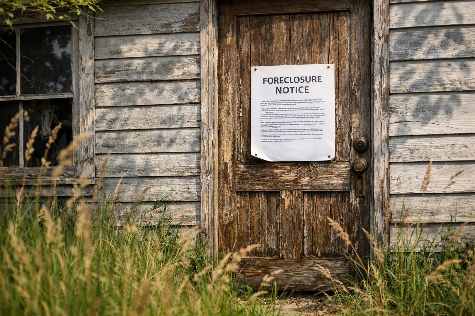 Abandoned house with overgrown yard and foreclosure notice.