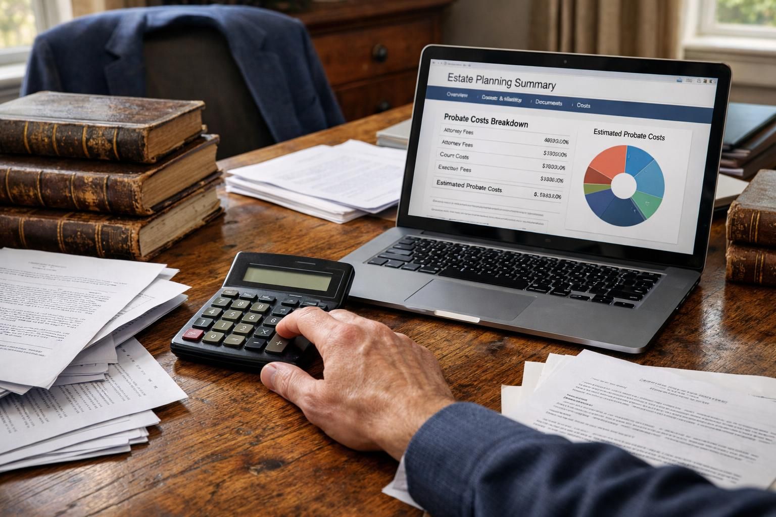 A cluttered desk featuring legal documents, a laptop, and vintage books.