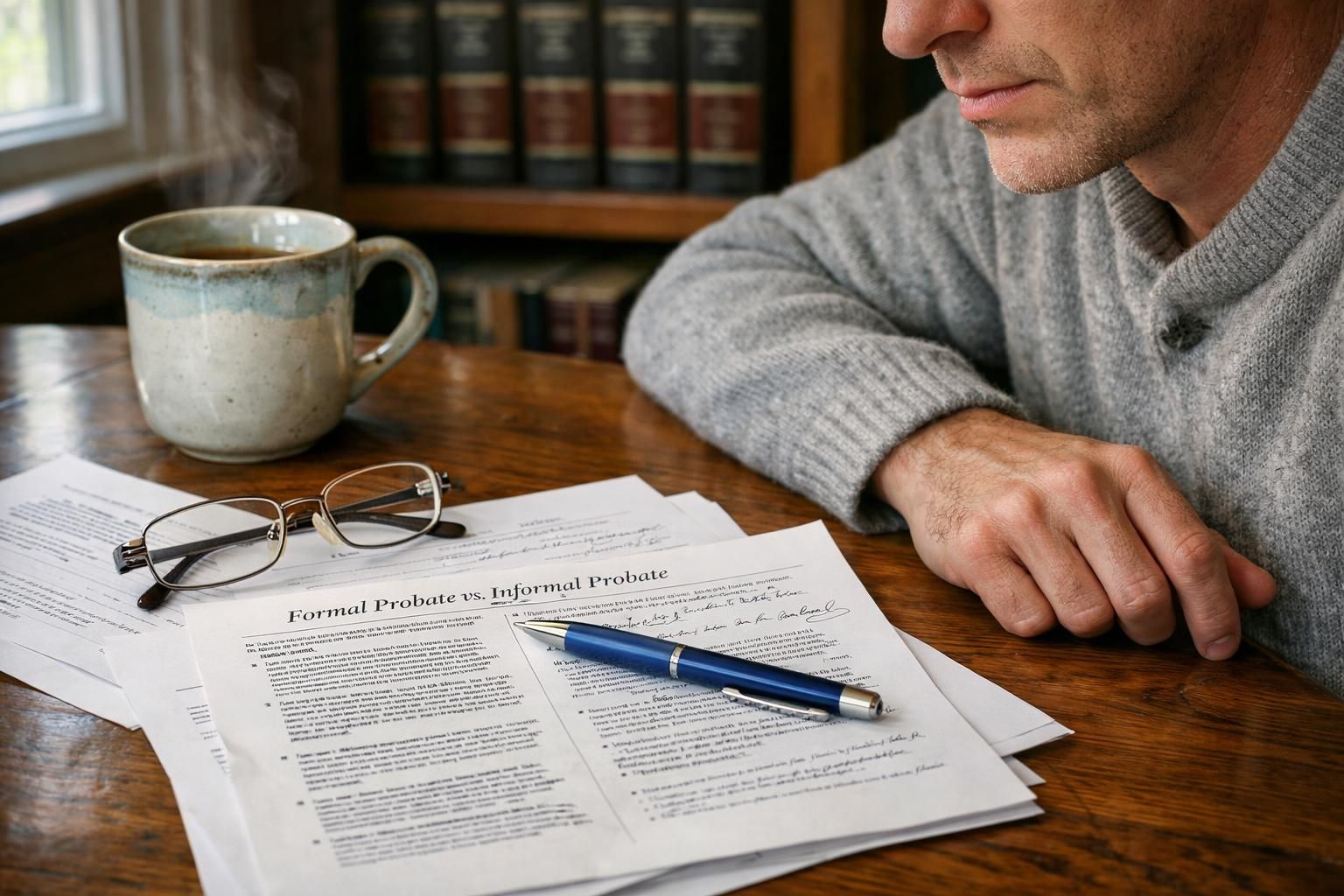 A cluttered home office desk with legal documents and a focused individual.
