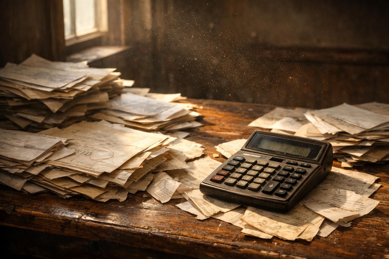 An aged wooden desk cluttered with old papers and a calculator.