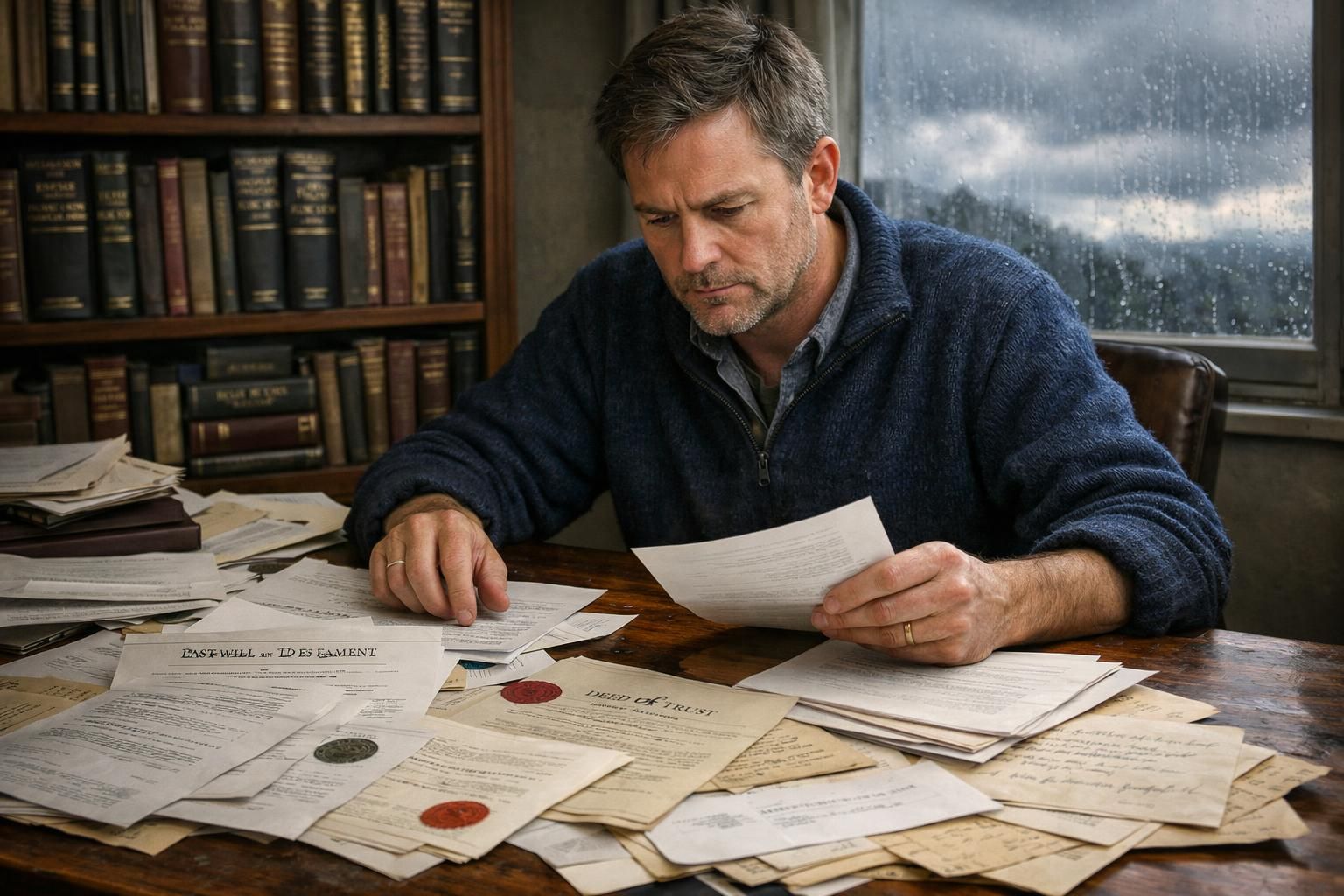 A weary man sorts through complex legal documents at his desk.