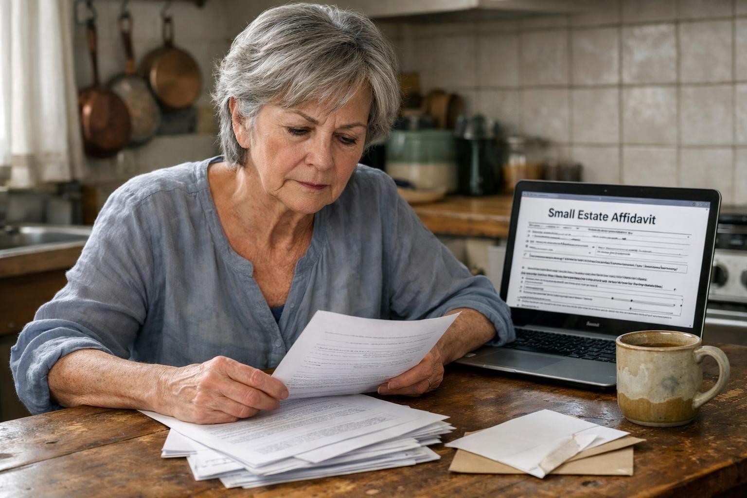 A woman in her 60s reviews legal documents at a kitchen table.