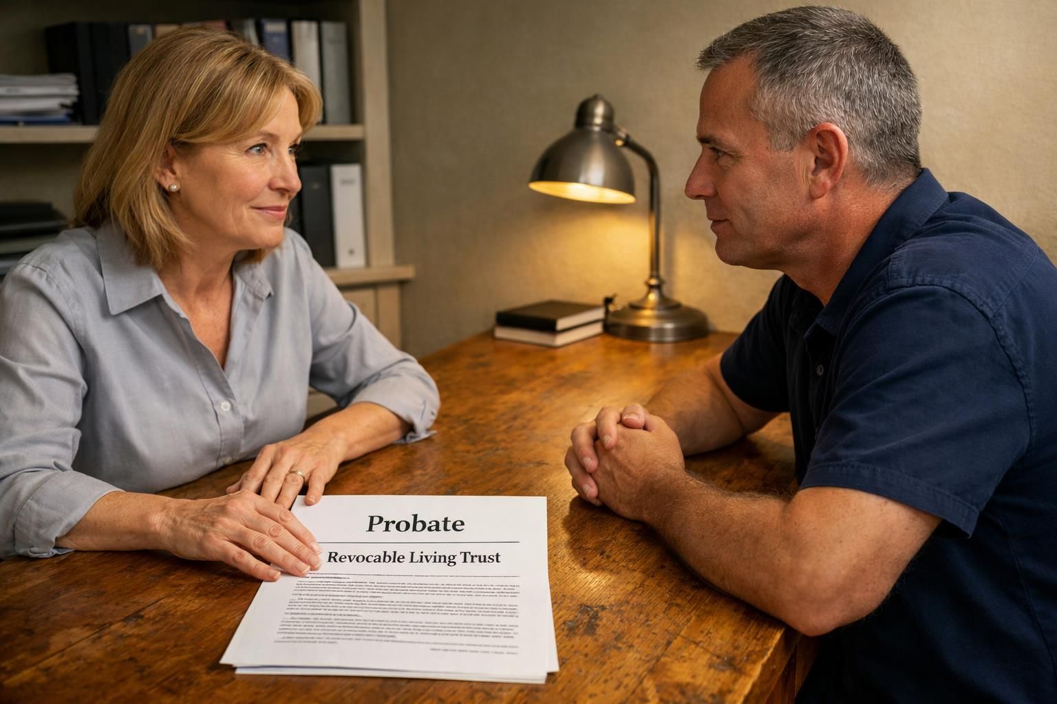 A man and woman discuss legal documents at a wooden table.