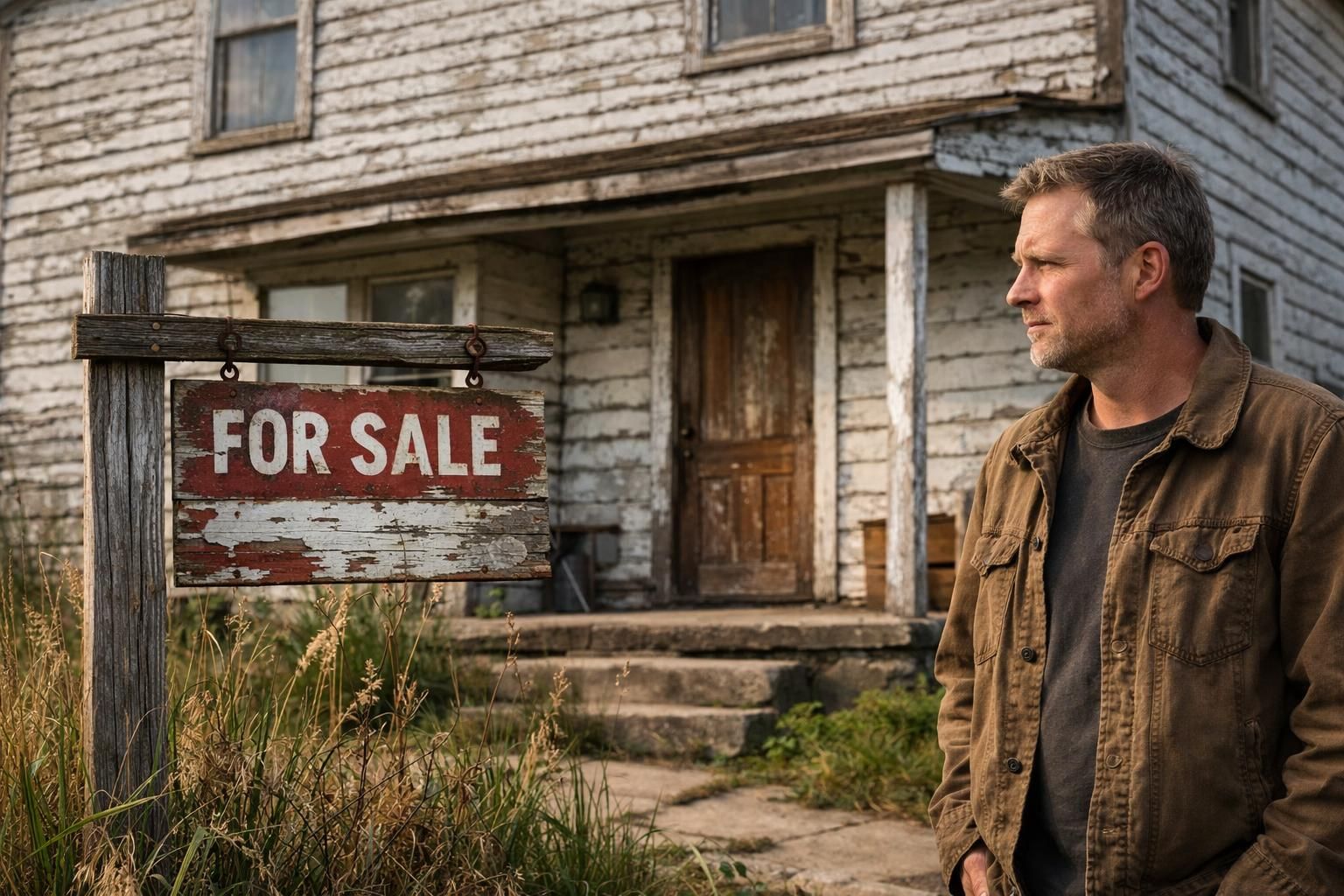 A weathered house with a neglected 'For Sale' sign and overgrown weeds.