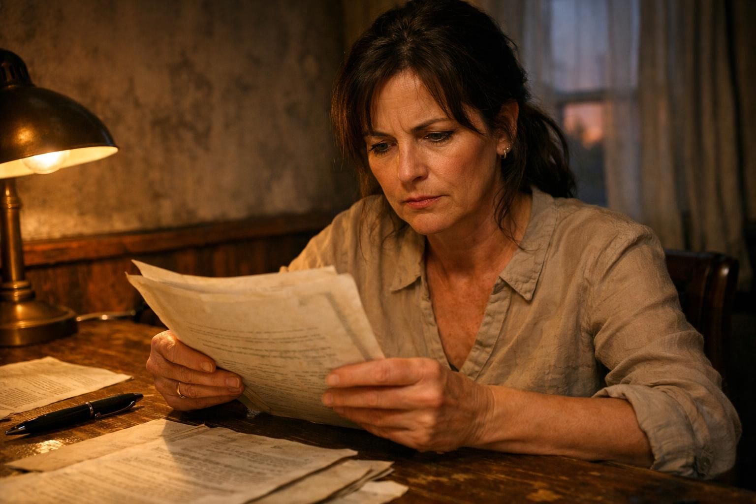 A middle-aged woman thoughtfully examines worn legal documents at her desk.