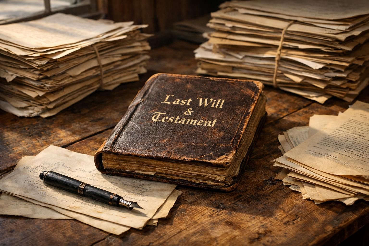 An old wooden desk cluttered with weathered legal documents and a will.
