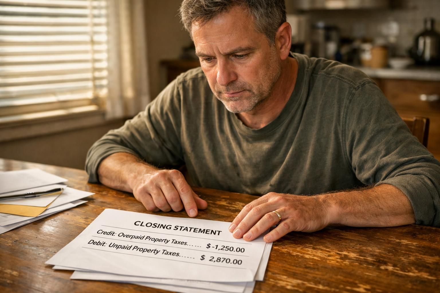 A middle-aged man reviews financial documents at a cluttered dining table. A middle-aged man reviews financial documents at a cluttered dining table.