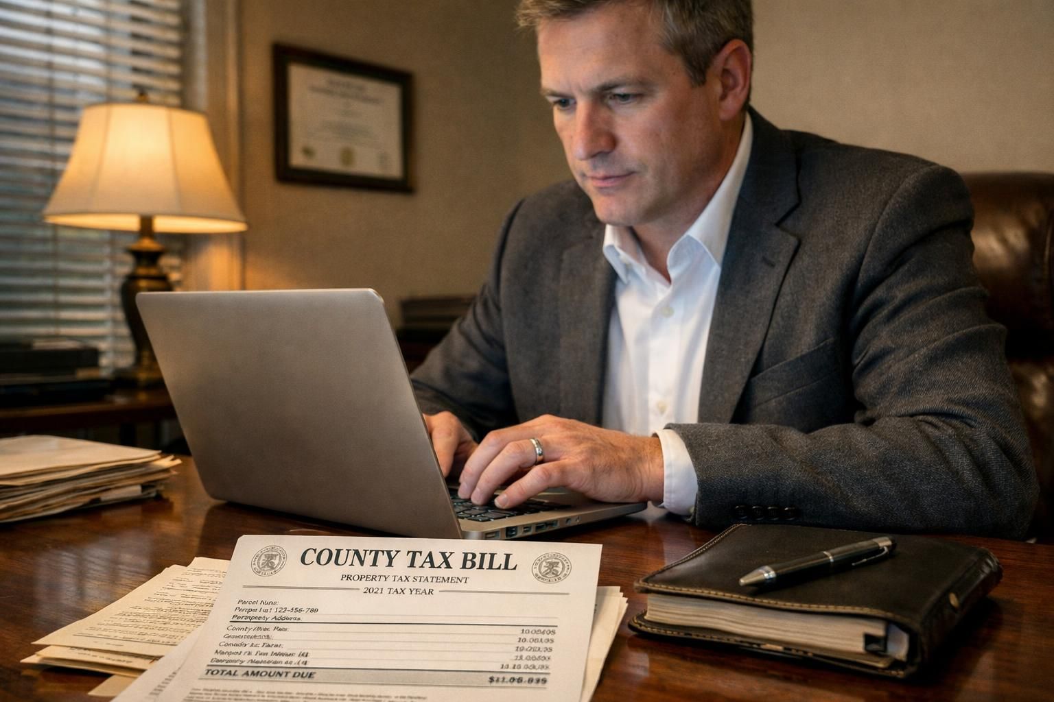A focused attorney calculates property tax proration at a polished desk. A focused attorney calculates property tax proration at a polished desk.