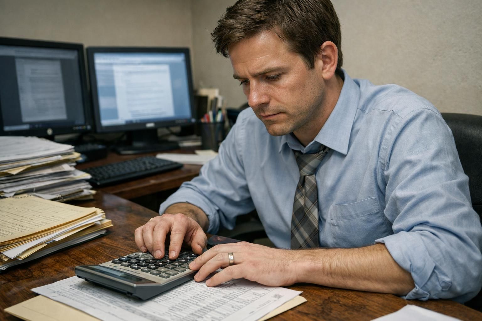 A focused title company employee calculates property taxes at a cluttered desk. A focused title company employee calculates property taxes at a cluttered desk.